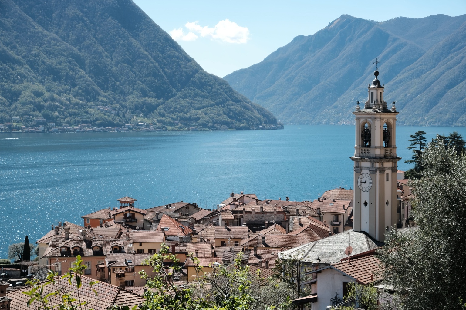 Lake Como village and church overlooking the lake